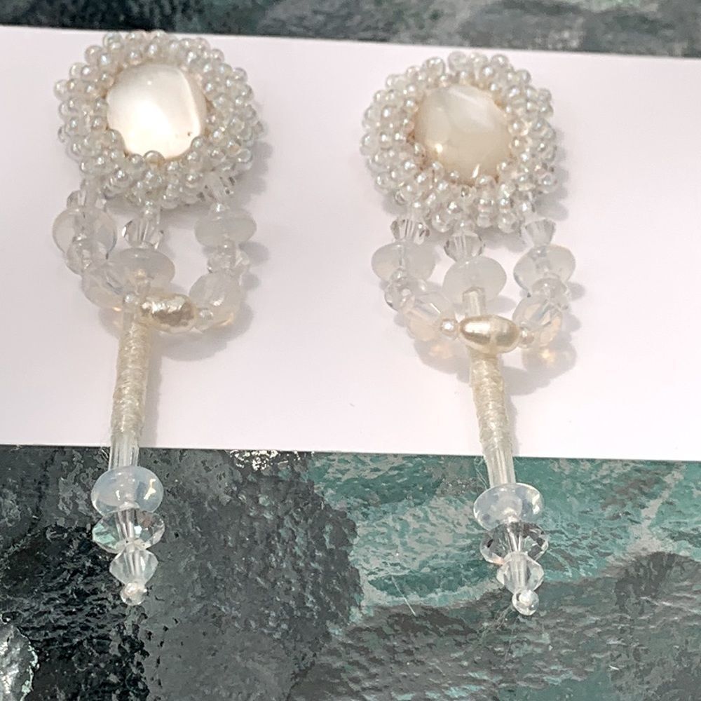 White Mother of pearl ab glass hand beaded dangling earrings pierced